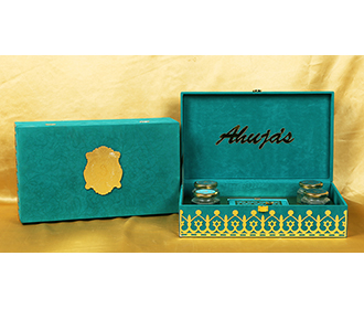 Elegant Teal & Golden coloured wedding box invite with sweet jars