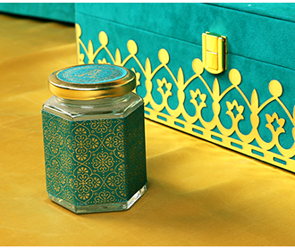 Elegant Teal & Golden coloured wedding box invite with sweet jars