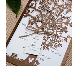 Elegant Tree Laser Cut Wedding Invitations in Brown colour with tag