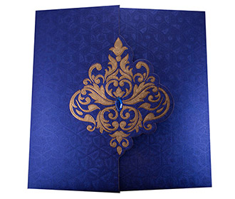 Elegant Wedding Invite in Royal Blue with Golden Patterns - 