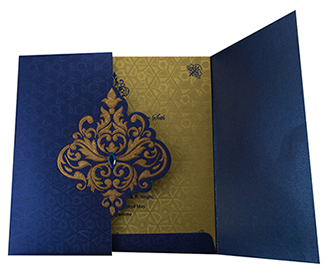 Elegant Wedding Invite in Royal Blue with Golden Patterns