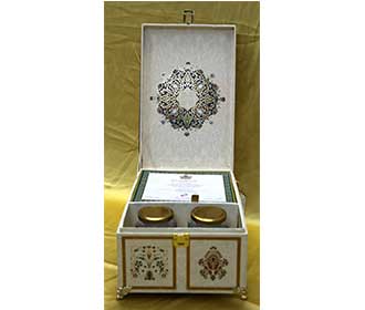 Ethnic Indian wedding boxed invite in Ivory and blue with marble patterns