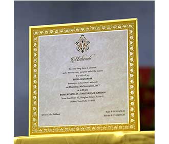 Ethnic Indian wedding boxed invite in Ivory and blue with marble patterns