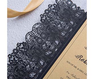 Exquisite Black colour wedding invite in lace design with golden ribbon