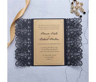 Exquisite Black colour wedding invite in lace design with golden ribbon