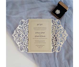 Exquisite gate fold laser cut wedding invitation in cream colour