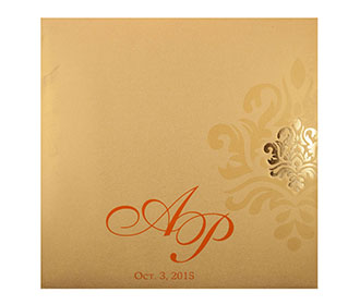 Exquisite Indian Wedding Card in Orange with Golden Motifs