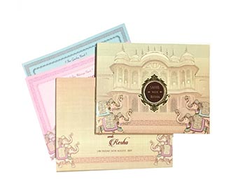 Exquisite Indian wedding invite in pastel colors with royal palace & elephants