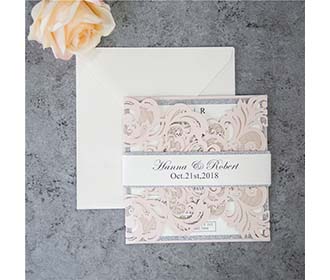 Exquisite laser cut wedding invitation in blush & silver shimmer