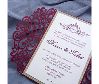 Exquisite Laser cut wedding invitation in Burgundy Shimmer