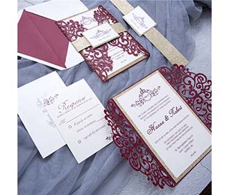 Exquisite Laser cut wedding invitation in Burgundy Shimmer