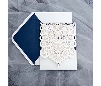 Exquisite Laser Cut White & Blue Pocket Wedding Invitation Cards with Rhinestone