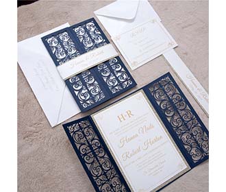 Exquisite Navy Blue Gate Fold Laser Cut Wedding Invitation