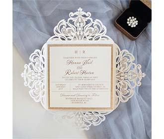 Exquisite Pearl White & Rose Gold Glitter Laser Cut Wedding Invitation