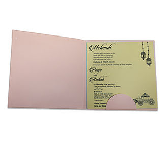 Fairytale wedding invite in pink with a golden color chariot