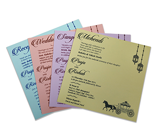 Fairytale wedding invite in pink with a golden color chariot