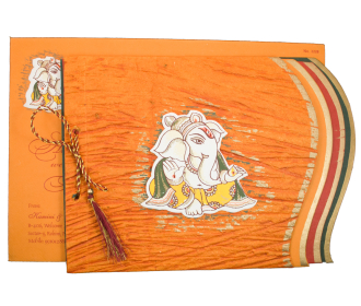 Flip book style Handmade paper invite in orange with Ganesha design