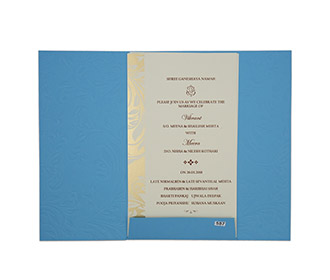 Floral Indian wedding invitation card in shades of blue