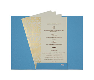 Floral Indian wedding invitation card in shades of blue