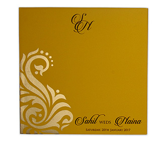 Floral Indian wedding invitation in mustard yellow with cut outs
