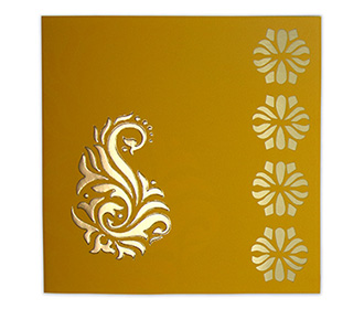 Floral Indian wedding invitation in mustard yellow with cut outs