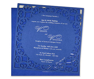 Floral motifs laser cut out wedding card in blue