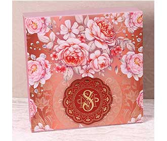 Floral theme wedding box invite in shades of red pink and orange