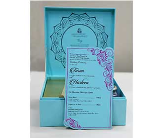 Floral theme wedding box invite in sky blue color with sweet jars