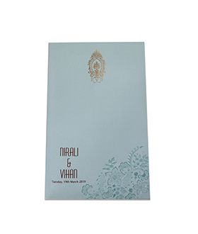 Floral themed Indian wedding invitation in metallic blue colour