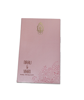 Floral themed Indian wedding invitation in metallic pink colour