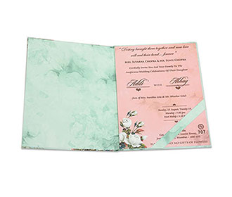 Floral wedding invite in pastel blue and pink