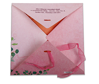 Floral wedding invite in pink with four fold envelope & a ribbon