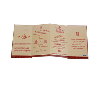 Four fold accordion wedding invitation in maroon colour with Ganesha image