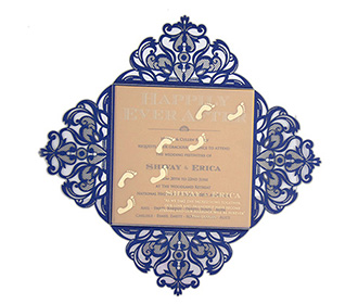 Four fold laser cut tamil wedding invitation in royal blue colour