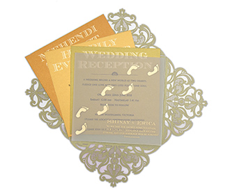 Four fold laser cut wedding invitation in light golden colour