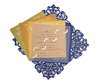 Four fold laser cut wedding invitation in royal blue colour