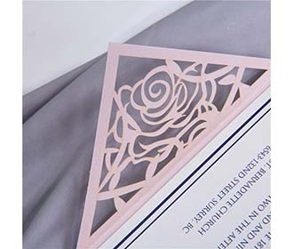 Four fold rose theme laser cut wedding invitation in Blush shimmer
