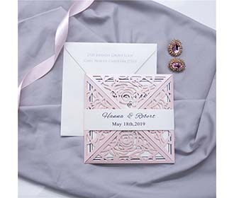 Four fold rose theme laser cut wedding invitation in Blush shimmer