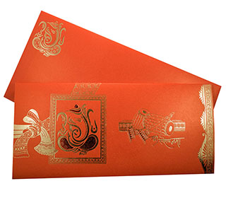 Ganesha Theme Hindu Wedding Card in Orange Color