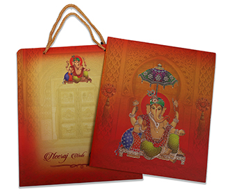 Ganesha theme Indian wedding card in orange colour