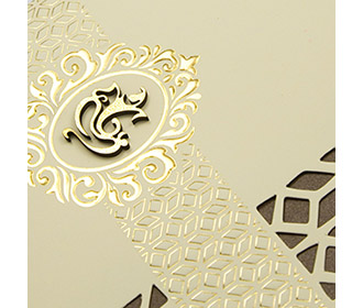 Ganesha themed Cream laser cut tri fold Indian wedding card