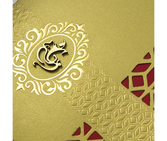 Ganesha themed Golden laser cut tri fold Indian wedding card