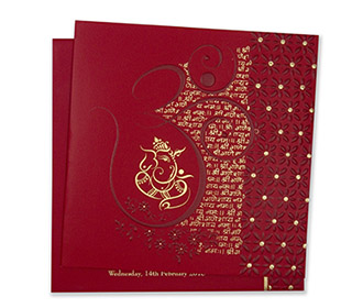 Ganesha themed hindu wedding card in red & golden