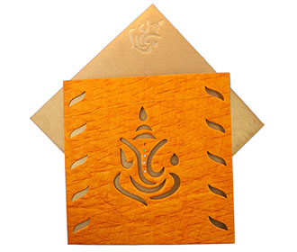 Ganesha themed Wedding Card in Orange Handmade Paper