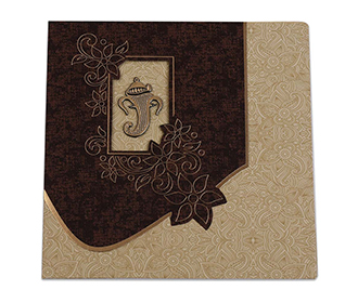 Ganesha themed wedding invitation in brown and beige colour with paisley design