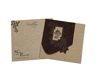 Ganesha themed wedding invitation in brown and beige colour with paisley design