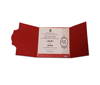 Gate fold tamil wedding Invitation in maroon with floral motifs