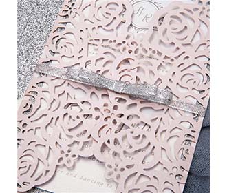 Gate fold wedding invitation in blush and silver shimmer