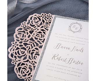 Gate fold wedding invitation in blush and silver shimmer