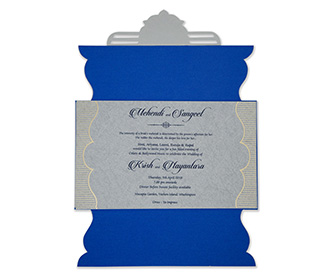 Gatefold ganesha wedding invitation in blue & grey